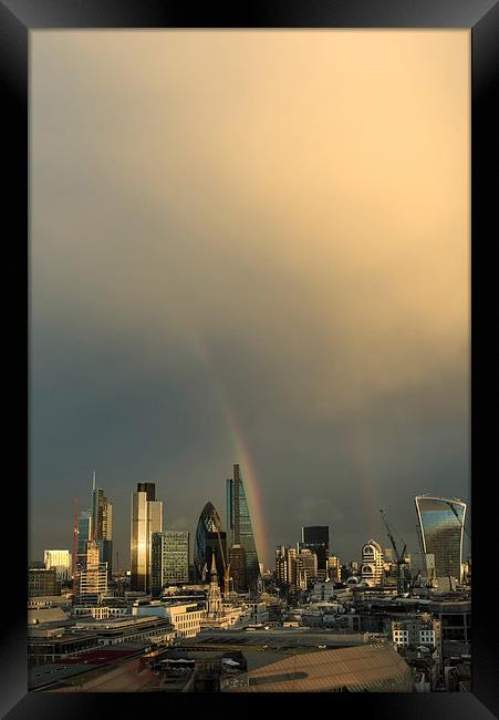 Double rainbow over the City of London vertical Framed Print by Gary Eason