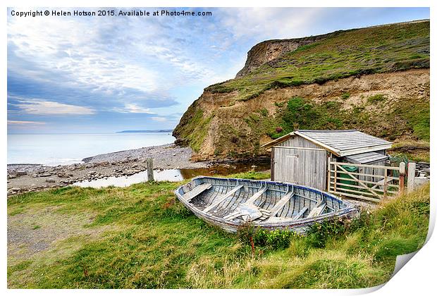 Boat on the Beach at Millook Haven in Cornall Print by Helen Hotson