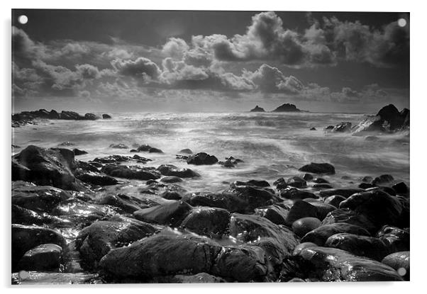 Cape Cornwall in Black and White Acrylic by Simon Gladwin