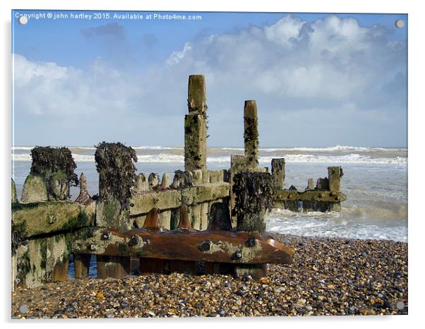 Encrusted sea worn wooden groyne sea defence on Mu Acrylic by john hartley