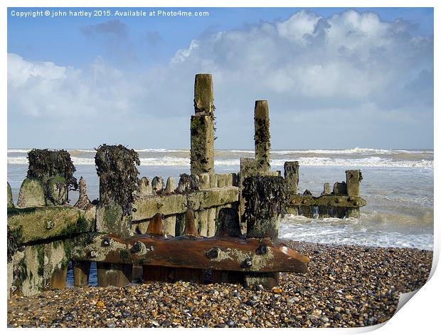 Encrusted sea worn wooden groyne sea defence on Mu Print by john hartley