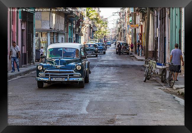 Facing a line of taxi's in Centro Havana Framed Print by Jason Wells