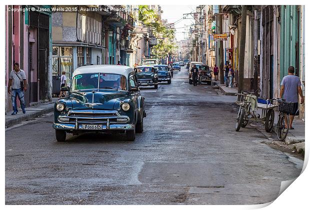 Facing a line of taxi's in Centro Havana Print by Jason Wells