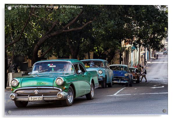 Vintage cars in Havana climbing a hill Acrylic by Jason Wells