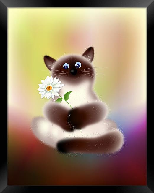 Cat with Flower Cartoon Framed Print by Lidiya Drabchuk