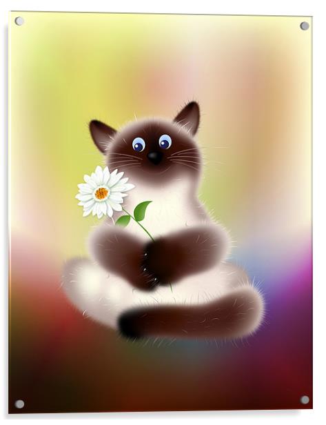 Cat with Flower Cartoon Acrylic by Lidiya Drabchuk