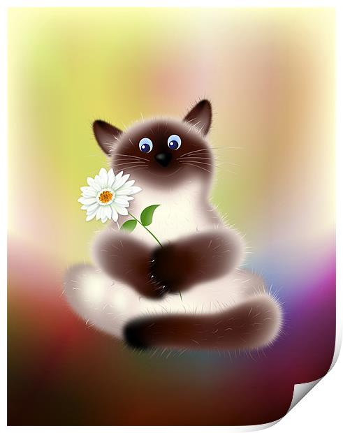 Cat with Flower Cartoon Print by Lidiya Drabchuk