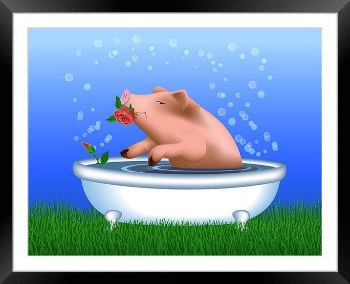Pig with Roses Taking Bath Framed Mounted Print by Lidiya Drabchuk