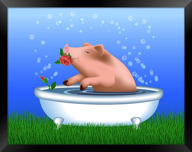 Pig with Roses Taking Bath Framed Print by Lidiya Drabchuk