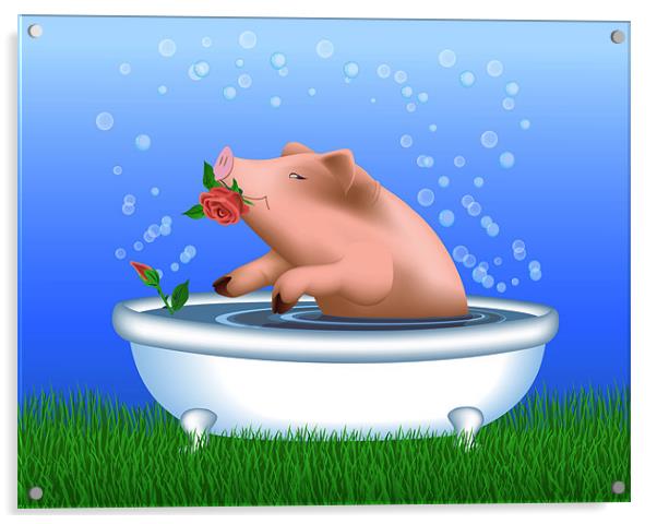 Pig with Roses Taking Bath Acrylic by Lidiya Drabchuk