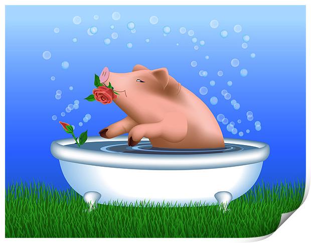 Pig with Roses Taking Bath Print by Lidiya Drabchuk