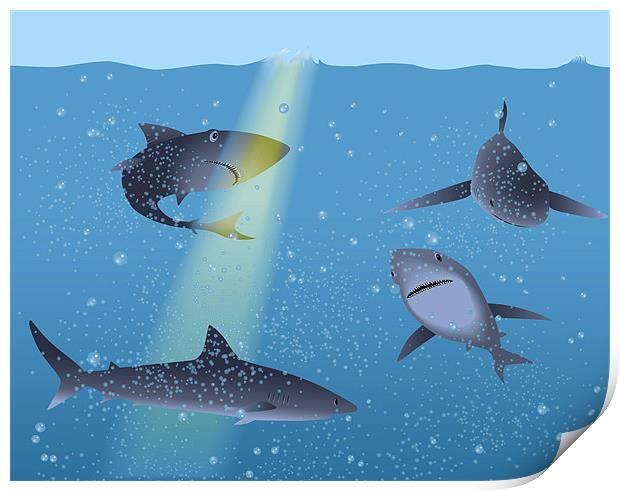 Sharks in Ocean Print by Lidiya Drabchuk
