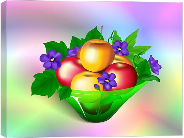 Apples & Violets in Vase Canvas Print by Lidiya Drabchuk