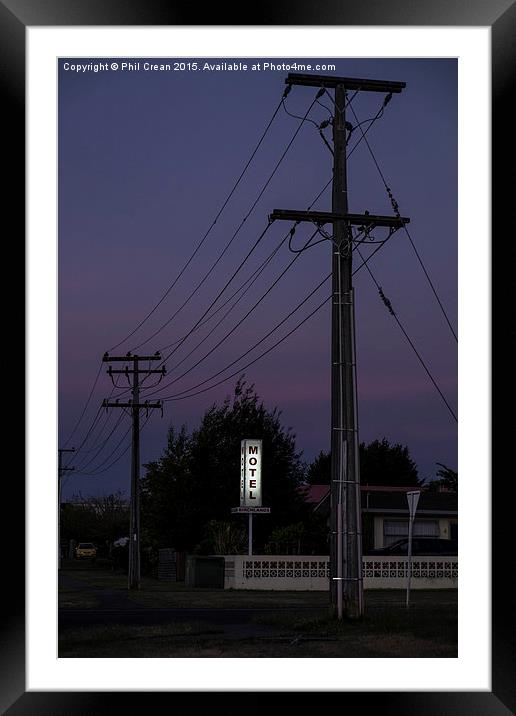 Motel neon sign, twilight, New Zealand Framed Mounted Print by Phil Crean