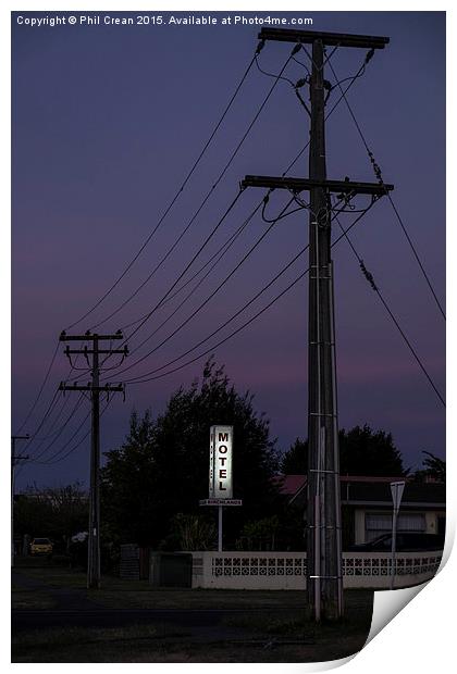 Motel neon sign, twilight, New Zealand Print by Phil Crean