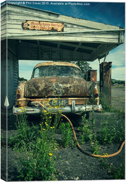  Fuelling up! Abandoned petrol station, New Zealan Canvas Print by Phil Crean