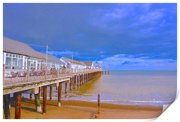 Southwold Pier, beach and sea  Print by Sue Bottomley