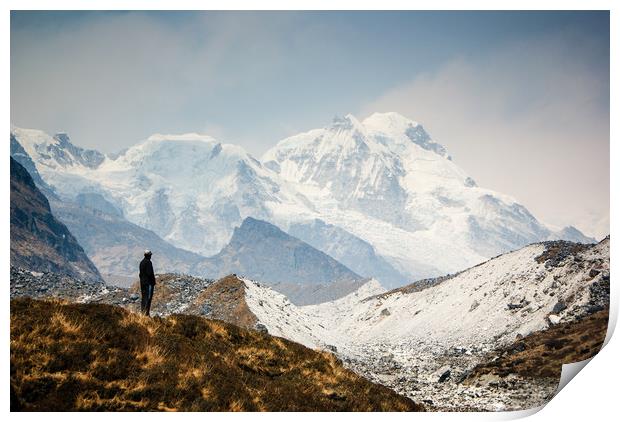 A man contemplates the size of Kanchenjunga Print by Brent Olson