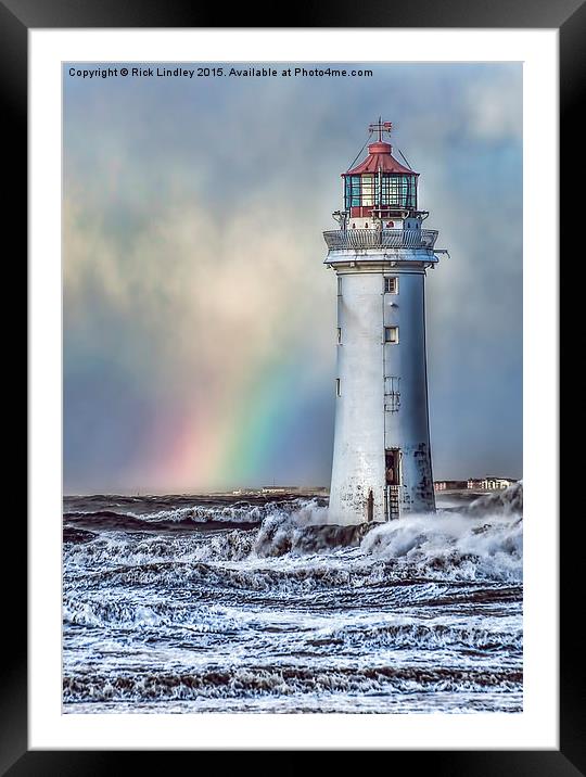  The Lighthouse and Rainbow Framed Mounted Print by Rick Lindley