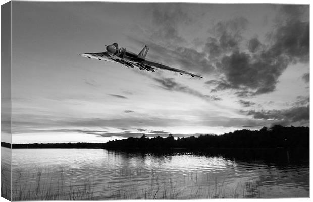 Vulcan low over a sunset lake sunset lake B&W vers Canvas Print by Gary Eason