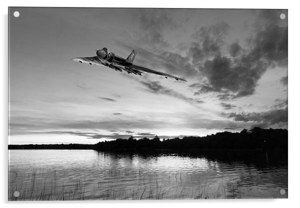 Vulcan low over a sunset lake sunset lake B&W vers Acrylic by Gary Eason