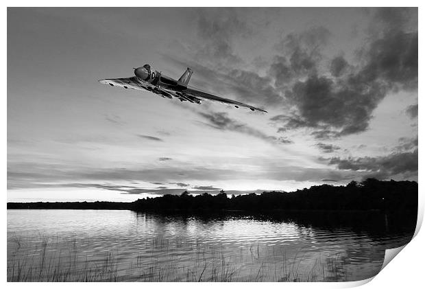 Vulcan low over a sunset lake sunset lake B&W vers Print by Gary Eason
