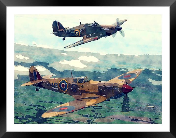 Spitfire And Hurricane Water Color And Sketch Framed Mounted Print by Tanya Hall