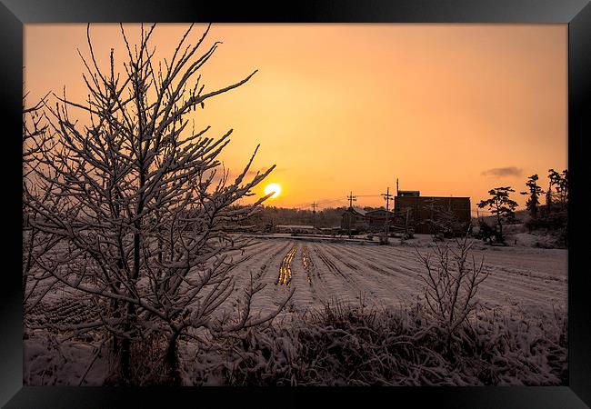 Sunrise with Snowing Framed Print by Ambir Tolang