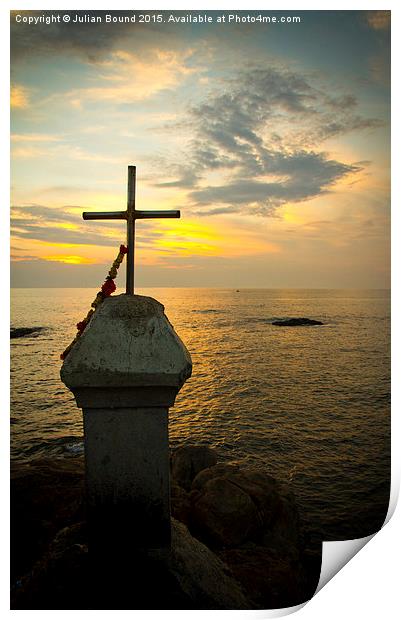 Sunset and crucifix, Vagator, Goa, India Print by Julian Bound