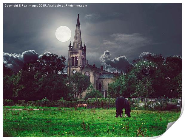  moonlight and church horse Print by Derrick Fox Lomax
