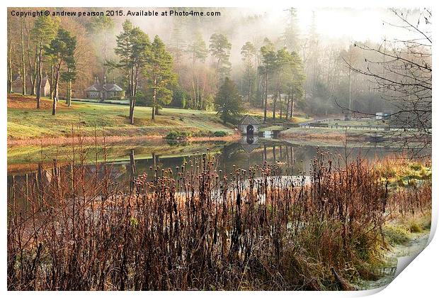  Misty winter morning. Cragside House & Manor,Nort Print by andrew pearson