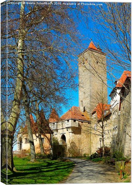  Castle Gate and Town Wall in Rothenburg Canvas Print by Gisela Scheffbuch