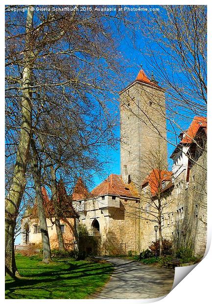  Castle Gate and Town Wall in Rothenburg Print by Gisela Scheffbuch