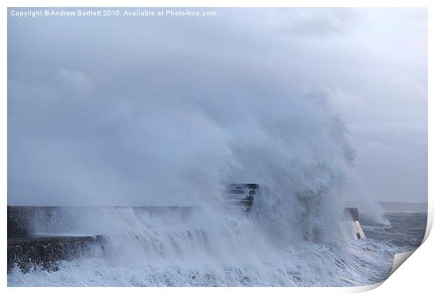 Porthcawl lighthouse in Storm Frank. Print by Andrew Bartlett