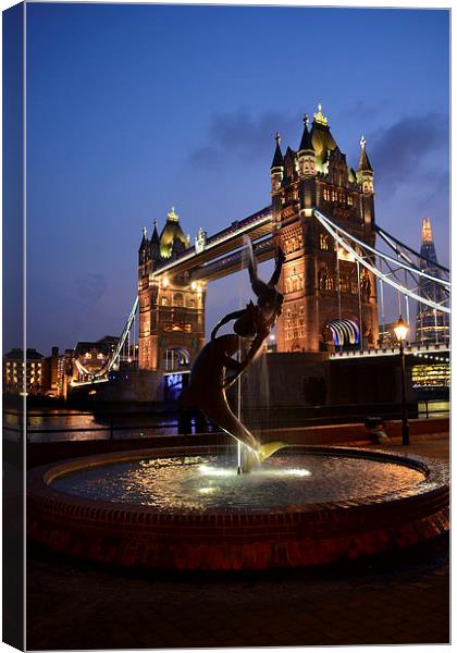 David Wynne's Girl With a Dolphin - Tower Bridge,  Canvas Print by Paul Phillips