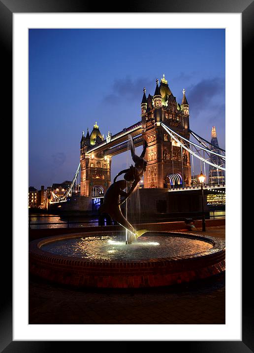 David Wynne's Girl With a Dolphin - Tower Bridge,  Framed Mounted Print by Paul Phillips