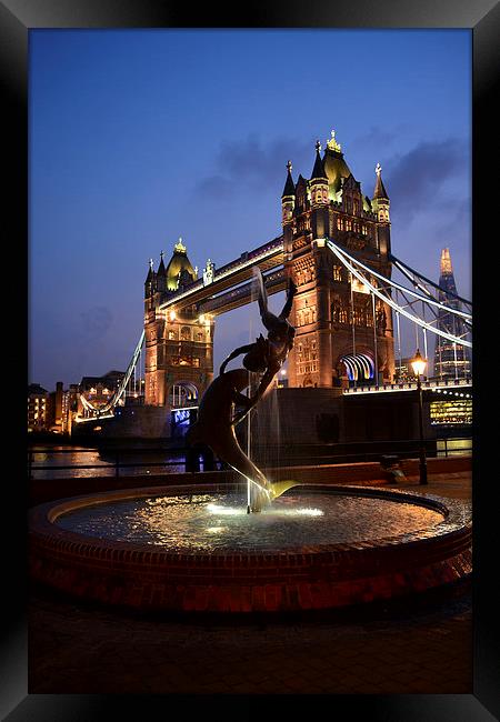 David Wynne's Girl With a Dolphin - Tower Bridge,  Framed Print by Paul Phillips