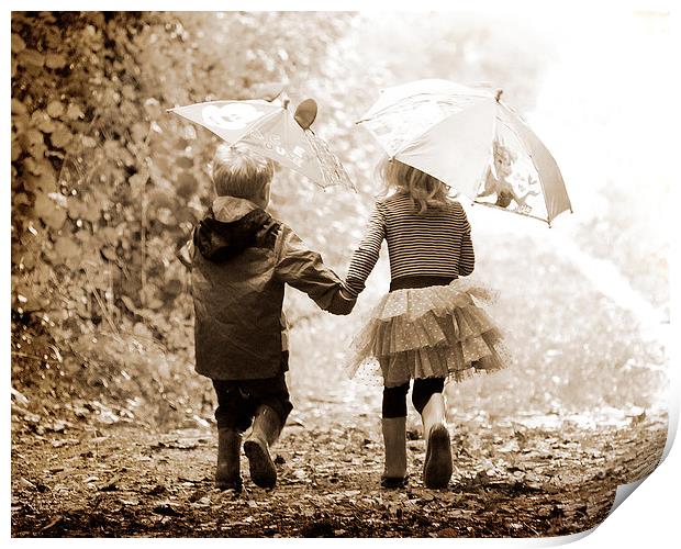 Children holding hands in sepia woods by Russell S Print by Russell Scott-Skinner