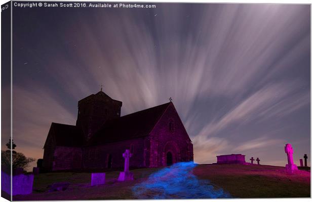  Spooky Night at St. Martha's Church, Guildford Canvas Print by Sarah Scott