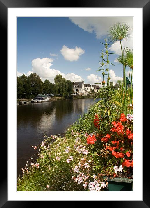 A flower display on the riverbank, Pontivy, France Framed Mounted Print by Simon Armstrong
