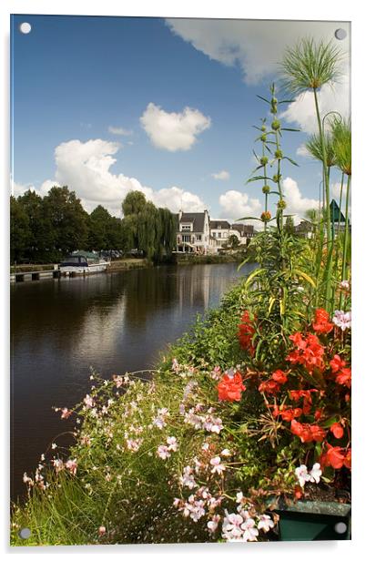 A flower display on the riverbank, Pontivy, France Acrylic by Simon Armstrong