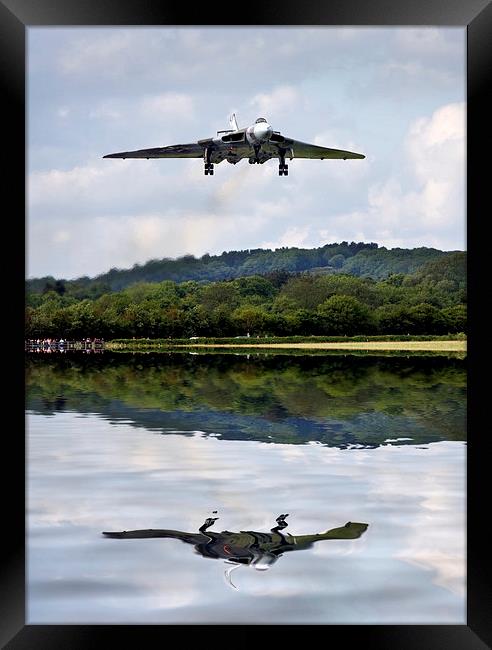  Vulcan XH558 over water Framed Print by Tony Bates