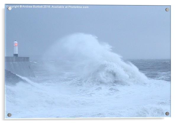 Porthcawl lighthouse in Storm Frank. Acrylic by Andrew Bartlett