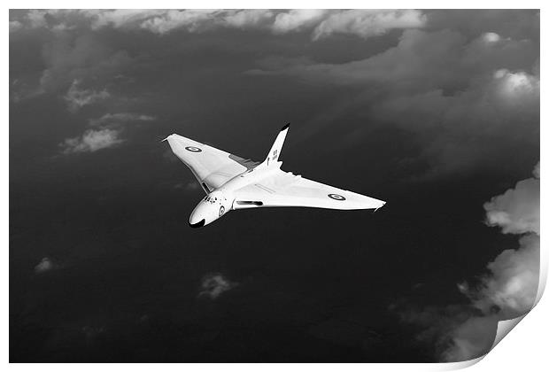 White Vulcan B1 at altitude black and white versio Print by Gary Eason
