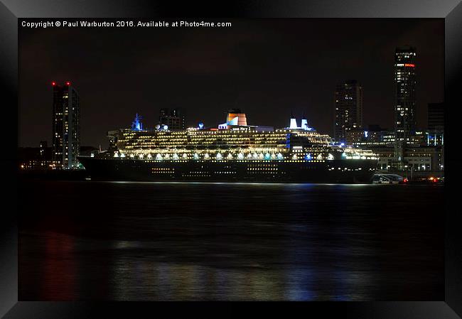 Queen Mary 2 at Night Framed Print by Paul Warburton