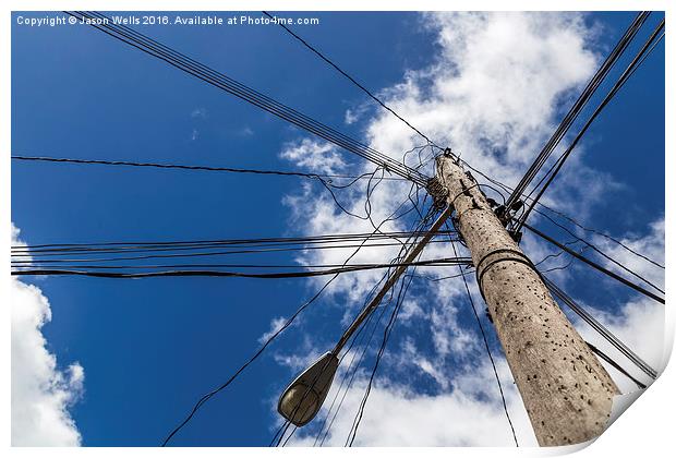 Looking up at a chaotic telegraph pole Print by Jason Wells