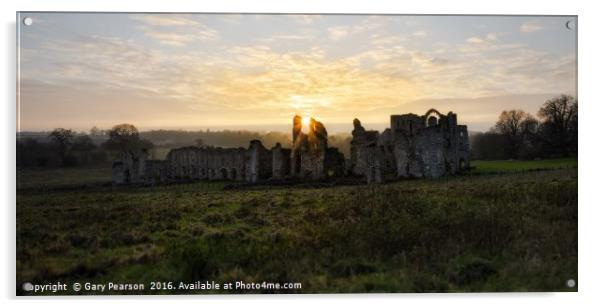 Sunset over Castle Acre priory     Acrylic by Gary Pearson
