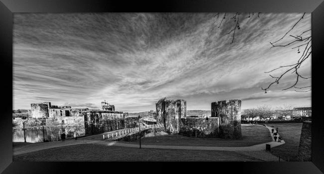 Caerphilly Castle Panorama Mono Framed Print by Steve Purnell
