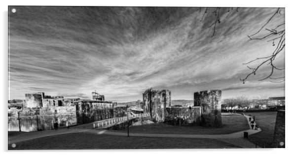 Caerphilly Castle Panorama Mono Acrylic by Steve Purnell
