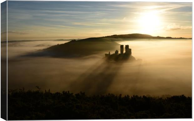 Corfe castle in the mist                     Canvas Print by Shaun Jacobs